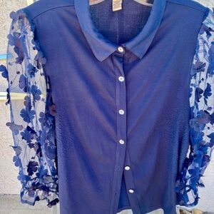 Elegant Navy Blue Sheer Sleeve Top